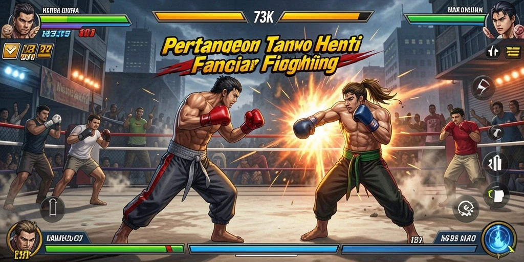 Tangkapan layar utama menunjukkan pertarungan seru dalam game Fighting 73K.