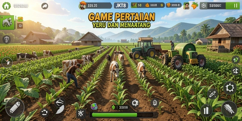 Screenshot gameplay JKT8 menunjukkan ladang dengan berbagai tanaman hijau.