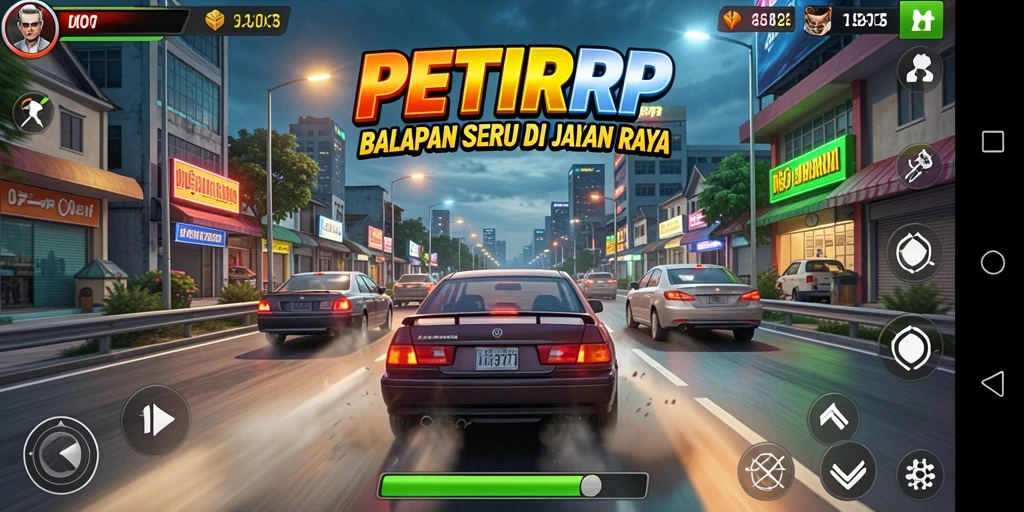 Screenshot utama PETIRRP menampilkan aksi balapan yang mendebarkan.