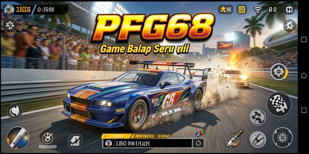 Screenshot PGG68 menunjukkan balapan mendebarkan di trek yang futuristik.