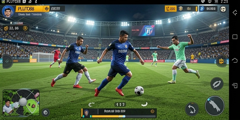 Tangkapan layar utama PLUTO88 menampilkan aksi seru di lapangan sepak bola.