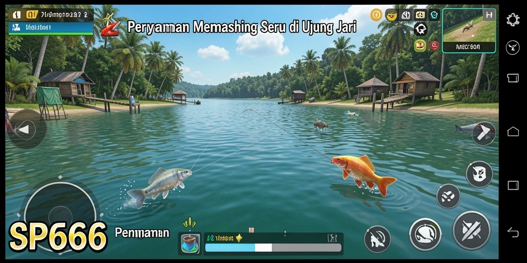 Tampilan gameplay SP666 yang menampilkan momen menangkap ikan.