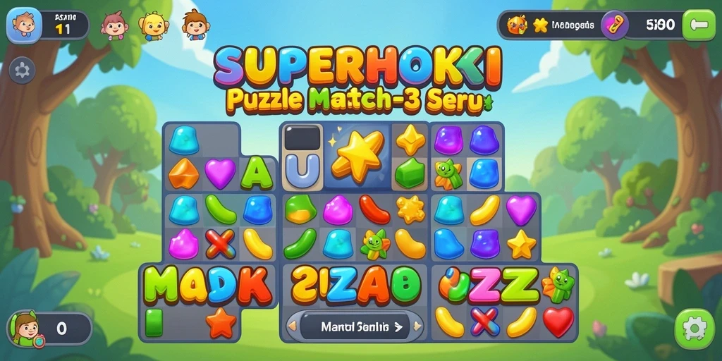 Gameplay seru dalam SUPERHOKI dengan permata warna-warni dan tantangan Match-3.